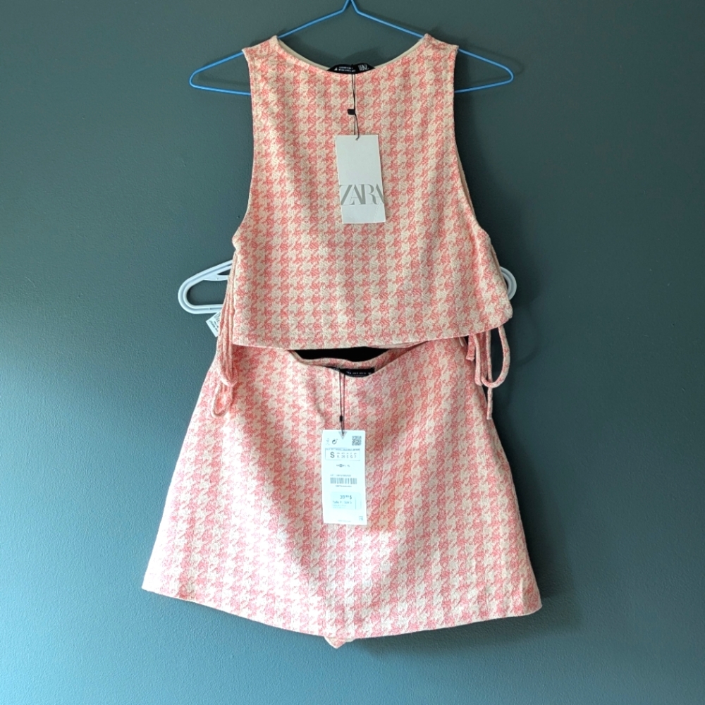 Zara XS 3piece Pink Houndstooth Crop Open Knit Top and Skirt Skort Set Bundle